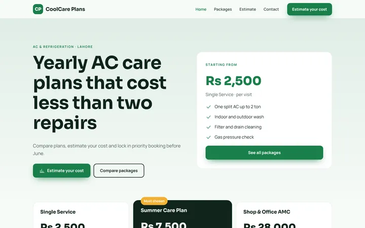 CoolCare Plans — Packages + estimator template for AC & Refrigeration