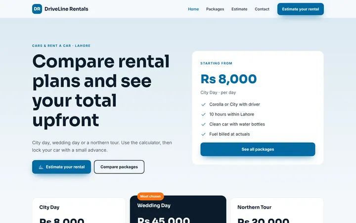 DriveLine Rentals — Packages + estimator template for Cars & Rent a Car