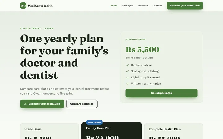 WellNest Health — Packages + estimator template for Clinic & Dental