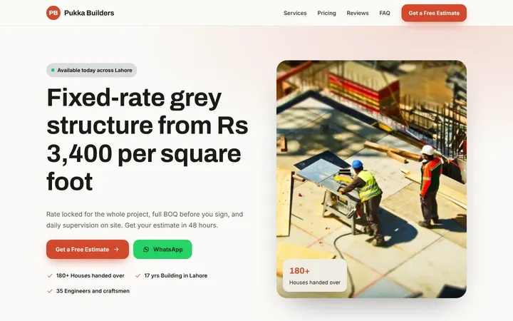 Pukka Builders — Lead-gen one-pager template for Construction & Interior