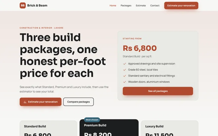 Brick & Beam — Packages + estimator template for Construction & Interior