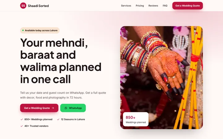 Shaadi Sorted — Lead-gen one-pager template for Weddings & Events