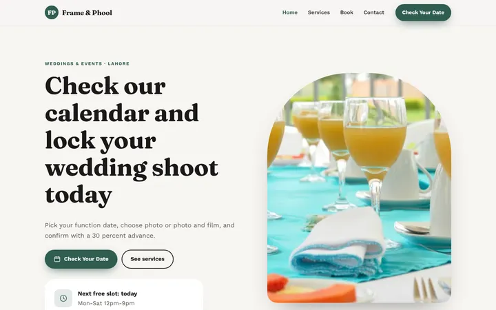Frame & Phool — Booking website template for Weddings & Events