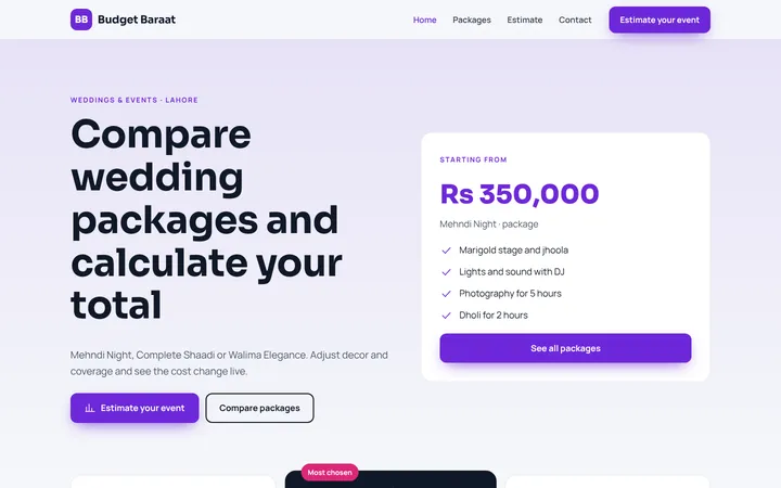 Budget Baraat — Packages + estimator template for Weddings & Events