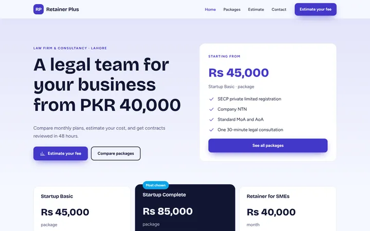 Retainer Plus — Packages + estimator template for Law Firm & Consultancy