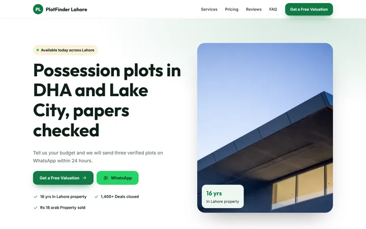 PlotFinder Lahore — Lead-gen one-pager template for Real Estate