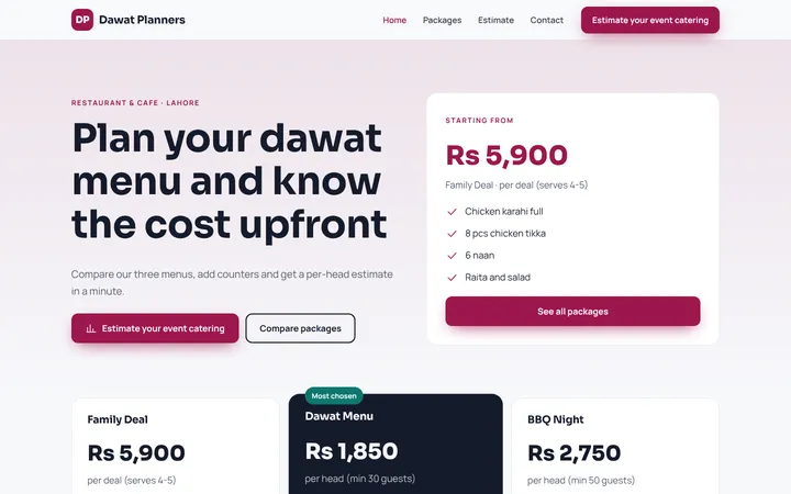 Dawat Planners — Packages + estimator template for Restaurant & Cafe