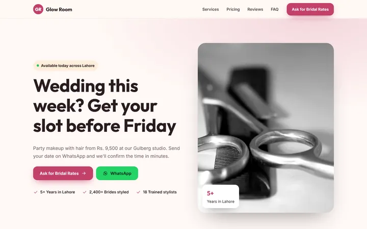 Glow Room — Lead-gen one-pager template for Salon & Beauty