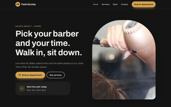 Fade Society — Booking website template for Salon & Beauty