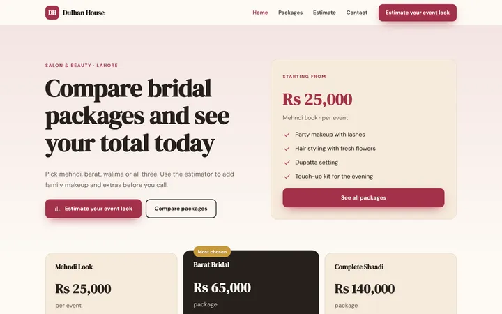 Dulhan House — Packages + estimator template for Salon & Beauty