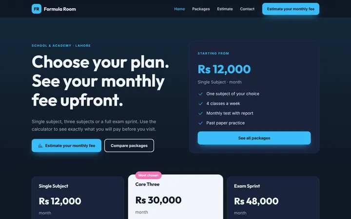 Formula Room — Packages + estimator template for School & Academy
