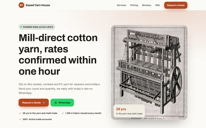 Saeed Yarn House — Lead-gen one-pager template for Textile & Manufacturing