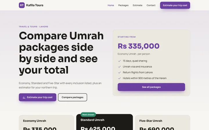 Kafila Tours — Packages + estimator template for Travel & Tours