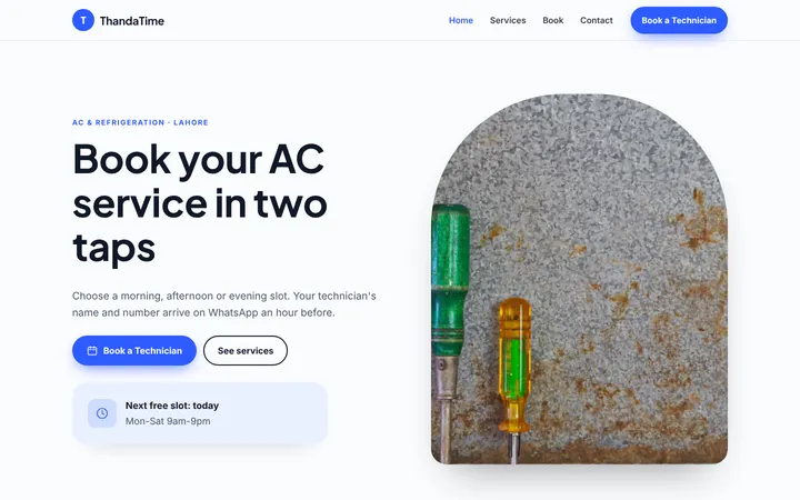Home page of ThandaTime, a sample booking website website