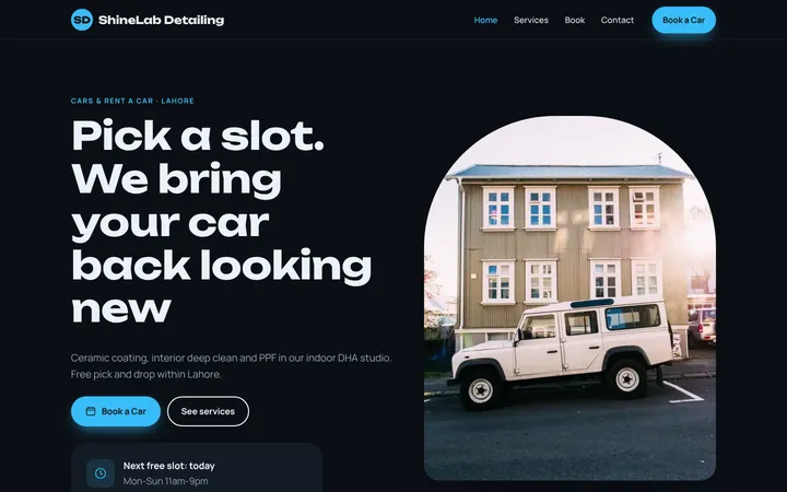 Home page of ShineLab Detailing, a sample booking website website