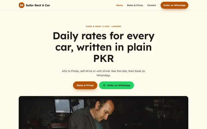 Home page of Safar Rent A Car, a sample menu / price list website