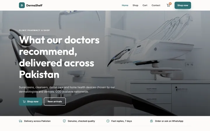 Home page of DermaShelf, a sample online store website