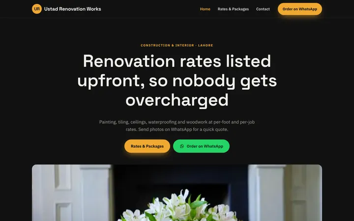 Home page of Ustad Renovation Works, a sample menu / price list website