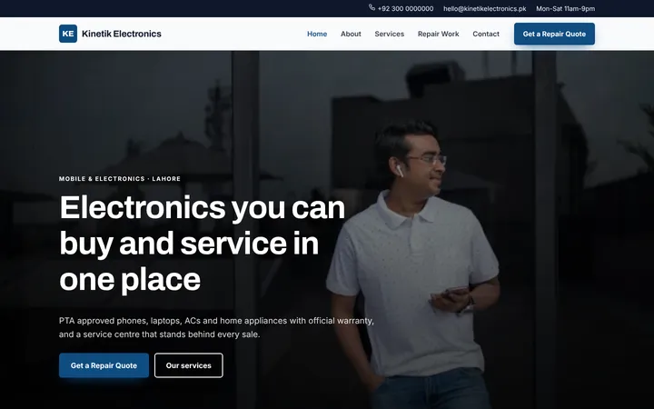 Home page of Kinetik Electronics, a sample company website website