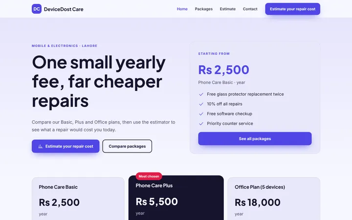 Home page of DeviceDost Care, a sample packages + estimator website