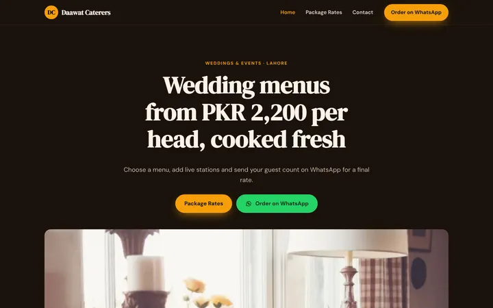 Home page of Daawat Caterers, a sample menu / price list website