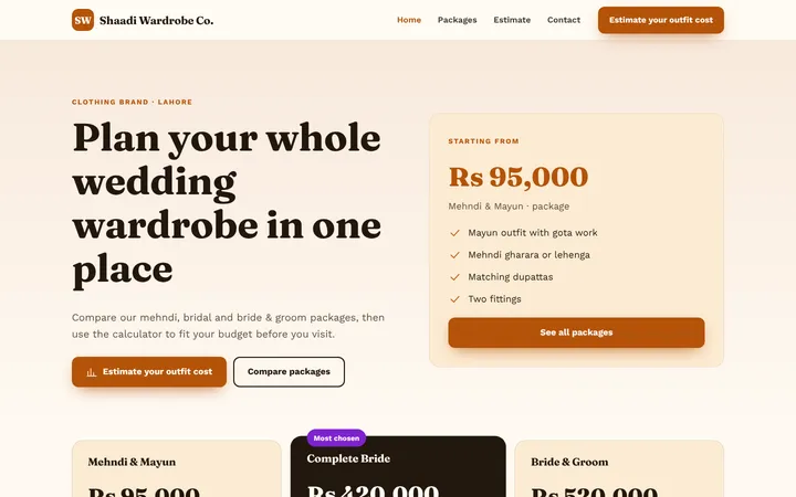 Home page of Shaadi Wardrobe Co., a sample packages + estimator website