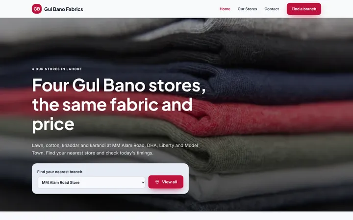 Home page of Gul Bano Fabrics, a sample multi-branch website