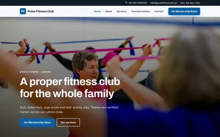 Home page of Pulse Fitness Club, a sample company website website