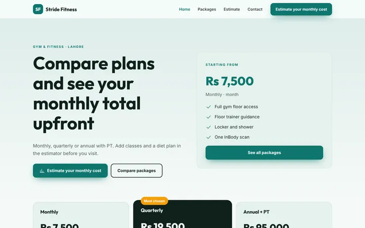 Home page of Stride Fitness, a sample packages + estimator website