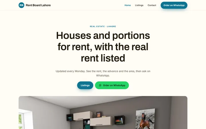 Home page of Rent Board Lahore, a sample menu / price list website