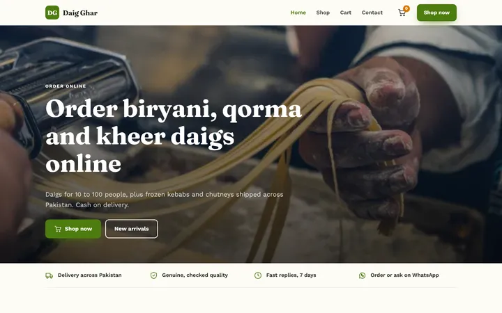 Home page of Daig Ghar, a sample online store website