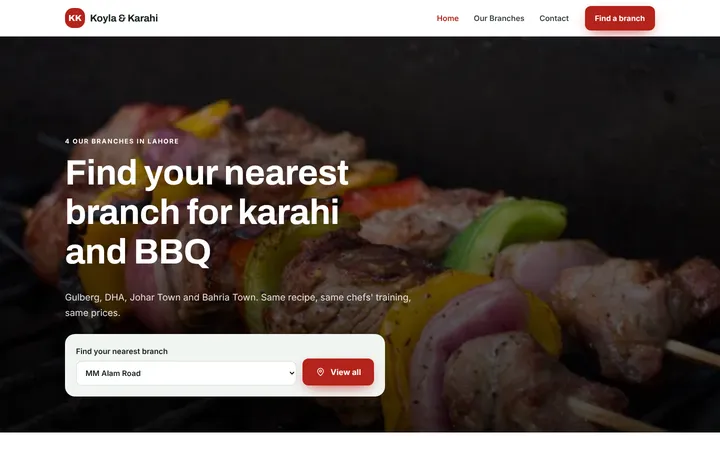 Home page of Koyla & Karahi, a sample multi-branch website