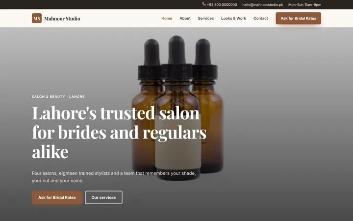 Home page of Mahnoor Studio, a sample company website website