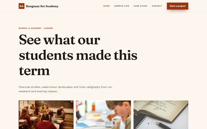 Home page of Rangsaaz Art Academy, a sample portfolio & gallery website