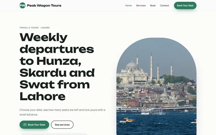 Home page of Peak Wagon Tours, a sample booking website website