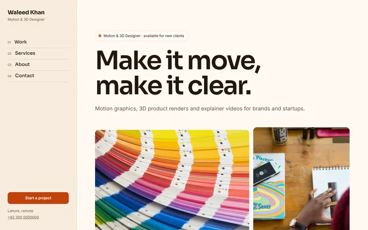Home page of Waleed Khan, a sample split layout website