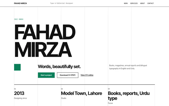 Home page of Fahad Mirza, a sample swiss layout website