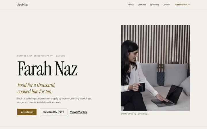 Home page of Farah Naz, a sample editorial layout website