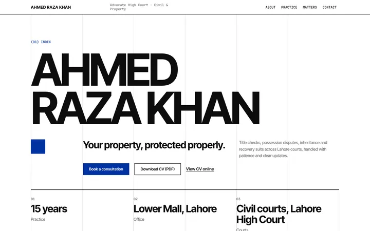 Home page of Ahmed Raza Khan, a sample swiss layout website
