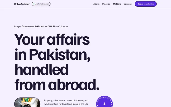 Home page of Rabia Saleem, a sample pop layout website