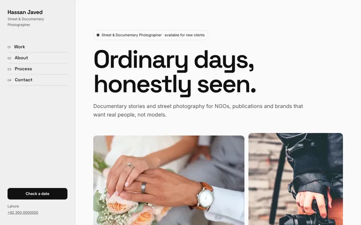 Home page of Hassan Javed, a sample split layout website