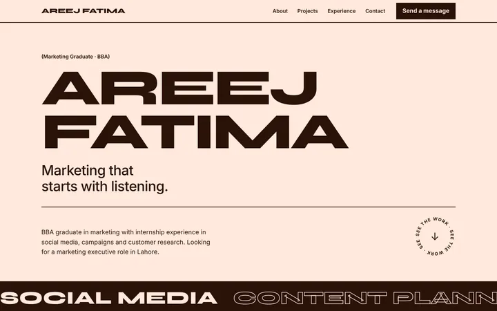 Home page of Areej Fatima, a sample gallery layout website
