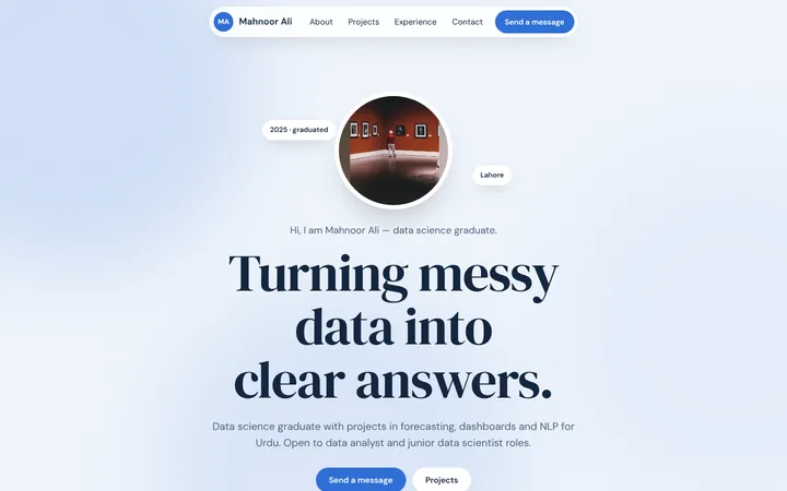 Home page of Mahnoor Ali, a sample soft layout website