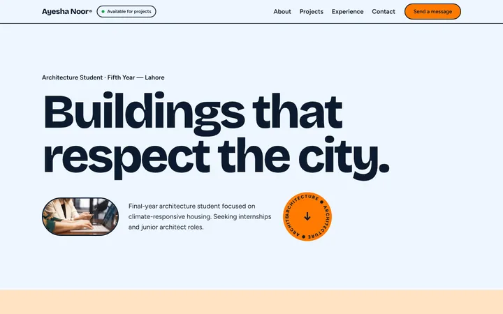 Home page of Ayesha Noor, a sample pop layout website