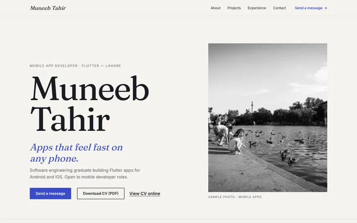 Home page of Muneeb Tahir, a sample editorial layout website